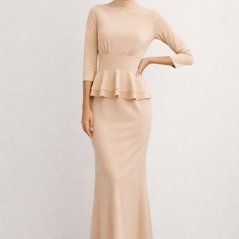 Chiara Boni Nude/Sand/Beige Italy Peplum Maxi Dress Stretch Fitted Elegant Gown - Picture 8 of 13